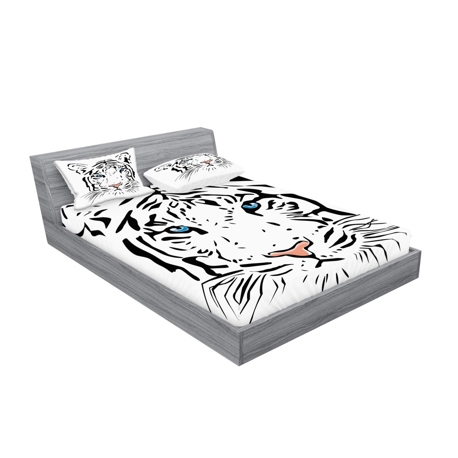 Ambesonne Tattoo Fitted Sheet & Pillow Sham Set, Head of Magnificent Rare White Albino Tiger with Ocean Blue Eyes Image, Decorative Printed 3 Piece Bedding Decor Set, King, Black Cream