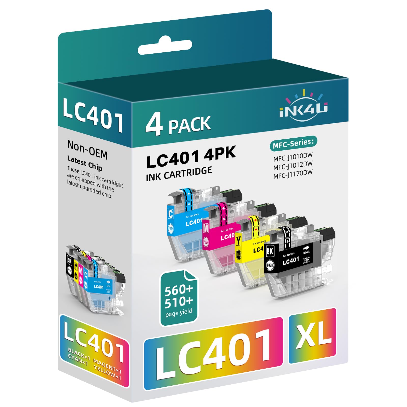 INK4U Compatible LC401 LC-401 Ink Cartridges Replacement for Brother LC401 Ink Cartridges for Brother Printer MFC-J1010DW, MFC-J1012DW, MFC-J1170DW Printer (Black Cyan Magenta Yellow, 4 Pack)