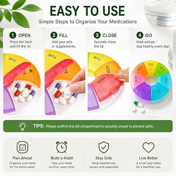 Weekly Pill Box 7 Day, Portable Pill Organiser, Travel Tablet Organiser, Moisture Resistant Storage for Vitamins Supplements & Medication Organizer, Multicolor