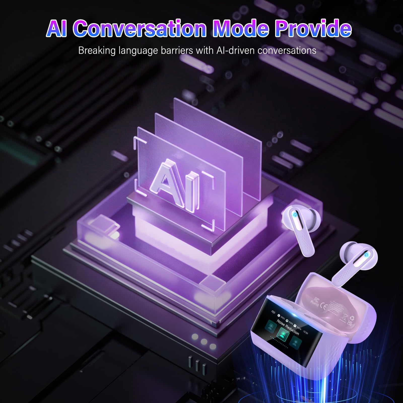 AI Auriculares Traductor en Tiempo Real con Pantalla Táctil LED, 3 en 1 Auriculares Traductores de Idiomas, 6 Modos Traducción con 164 Idiomas, Reducción de Ruido ANC+ENC, 5 Modos EQ, 48H, Púrpura