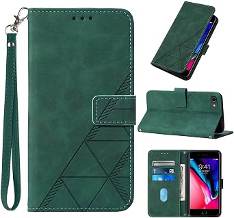 Flip Wallet Case for iPhone 8/7/6/6S/SE 2022/SE 2020 Green | Embossed PU Leather, Detachable Wrist Strap, Card Slots, TPU Inner, Cash Pocket, Magnetic Closure, Stand, Precise Cutouts