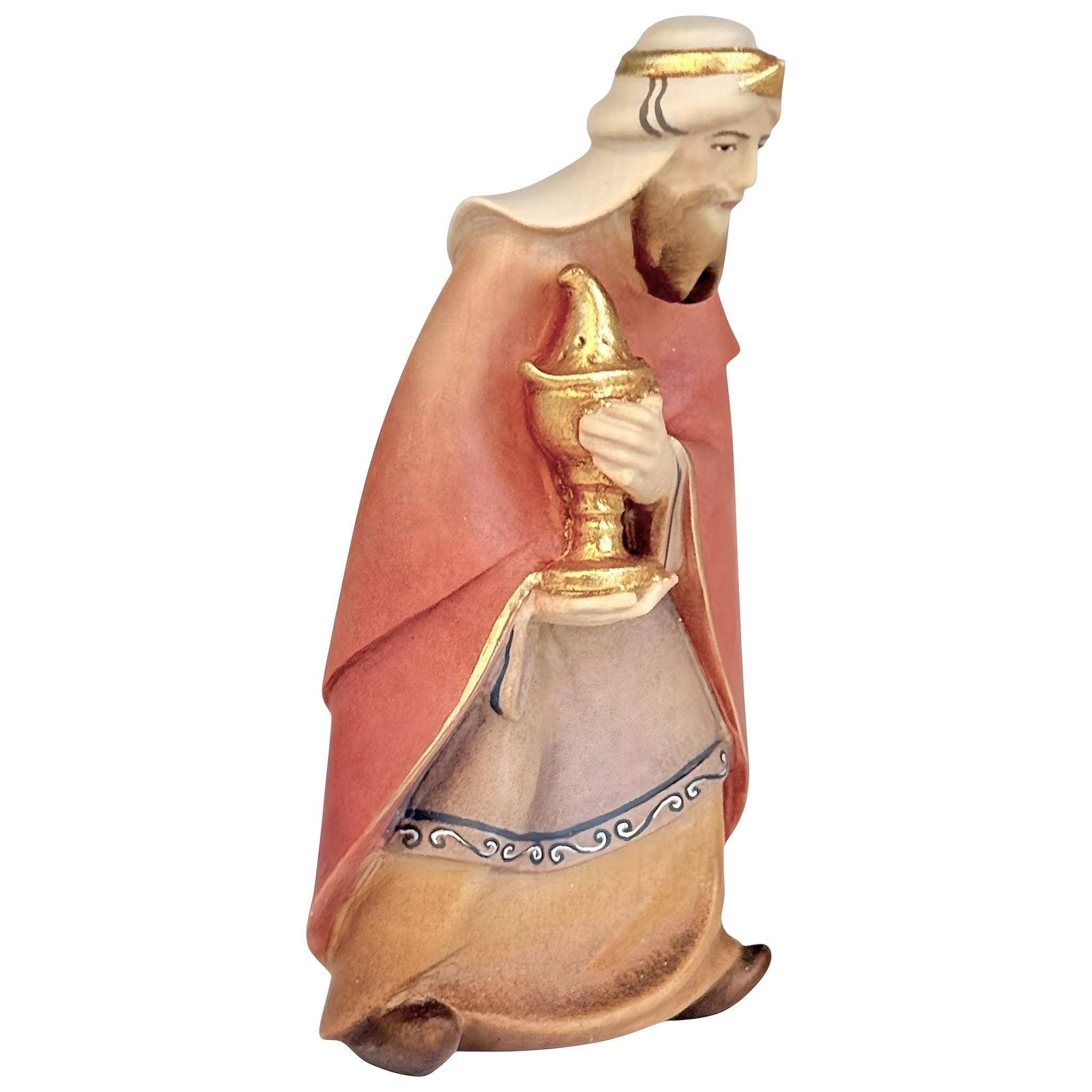 Krippenfigur Zauberer Melchior aus Holz 14 cm | Holz handbemalt in Gröden | Krippenfigur