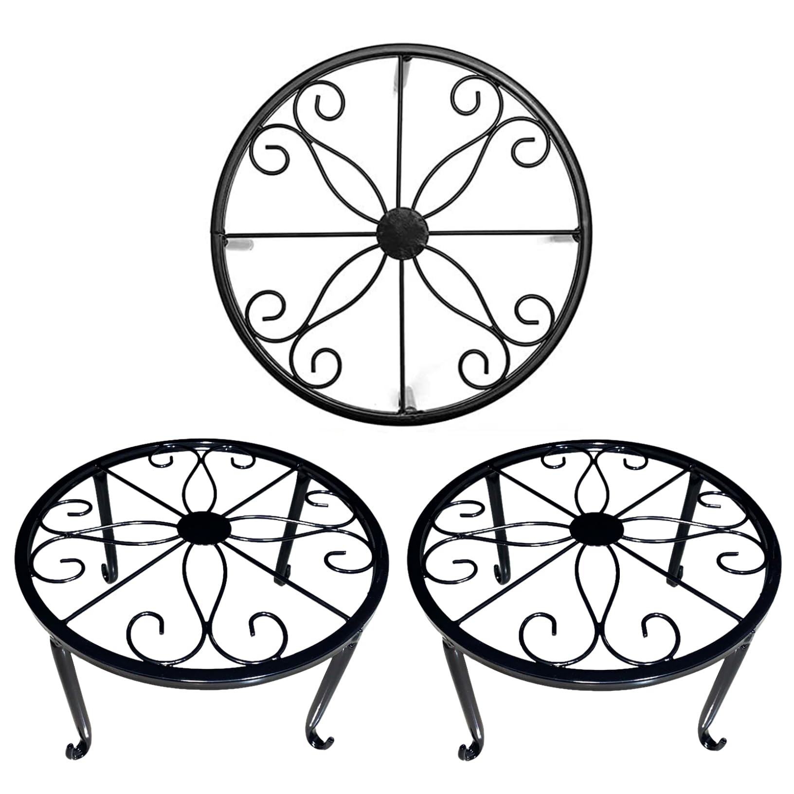 Faroby Metal Plant Stand 3PCS 9.45 Inch Heavy Duty Rustproof Round Flower Pot Stand Vintage Patio Black