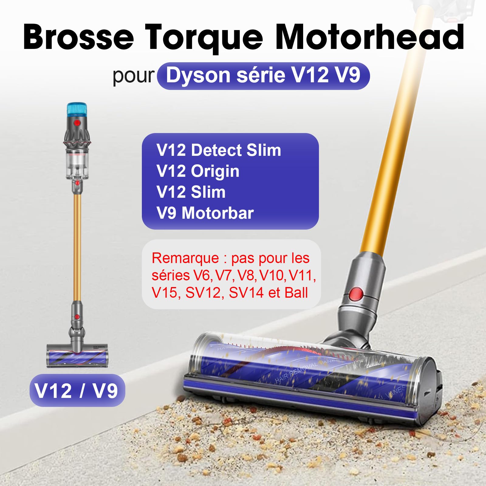 V12 Tête de Brosse pour Dyson V12 Detect Slim / V12 Origin Brosse électrique pour V12 / V9 Brosse Motorisée Motorhead Turbine Brosse de Rechange Pièces Détachées Nettoyage Tapis et Sols Durs