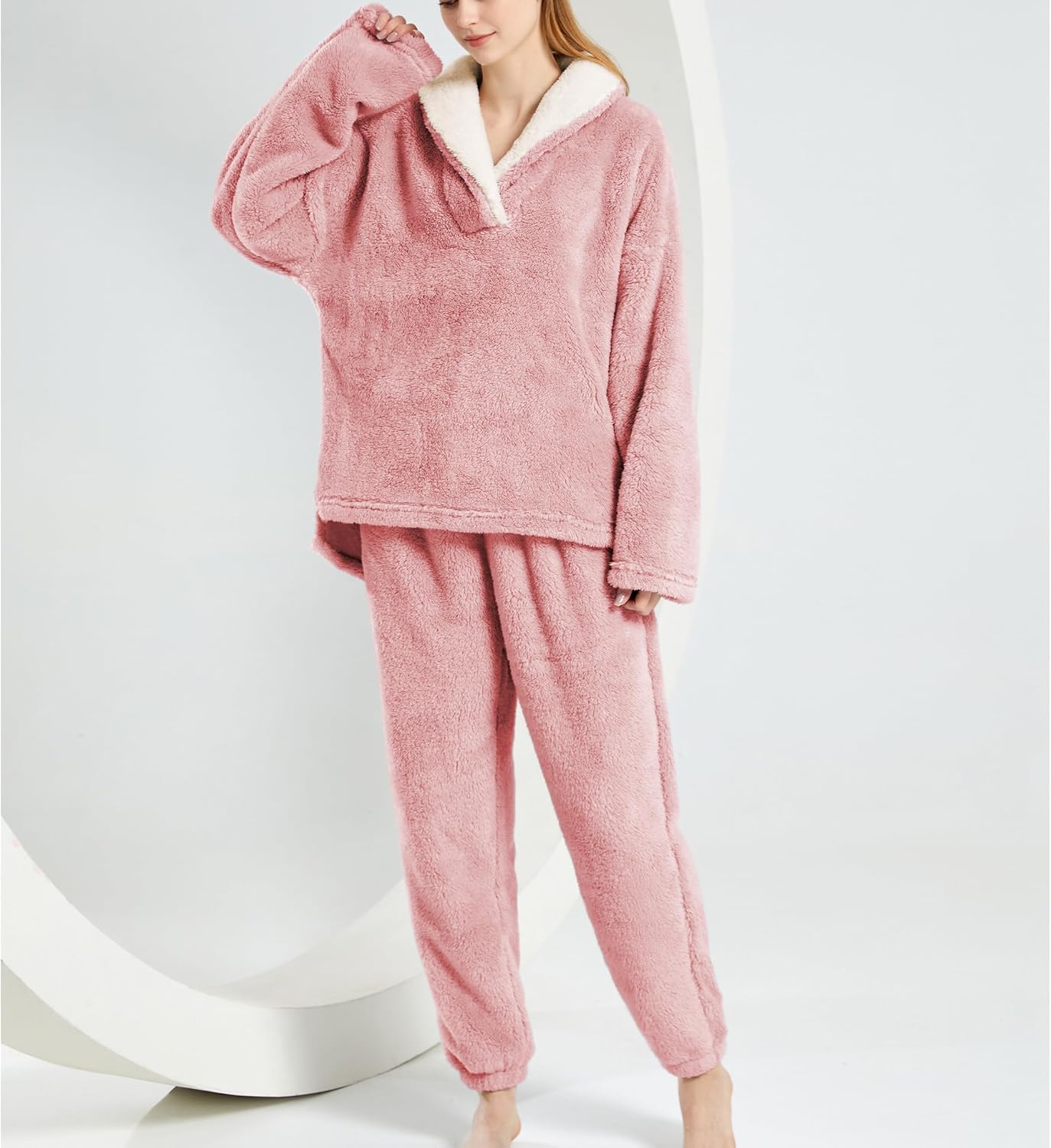 Womens Fluffy Pajamas Set Fleece Pullover Pants Oversized Plush Sleepwear Cozy Fuzzy Loungewear Loose Warm Pjs Sets - Image 2