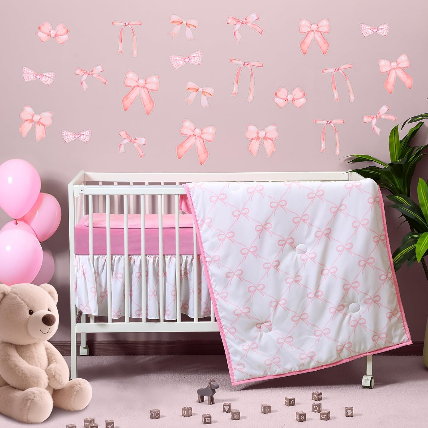 5 Pcs Crib Bedding Set Include Print Crib Sheets Bed Skirt Comforter Pad Cover Wall Stickers for Girls Princess Nursery Room Decoration(Pink Bow)
