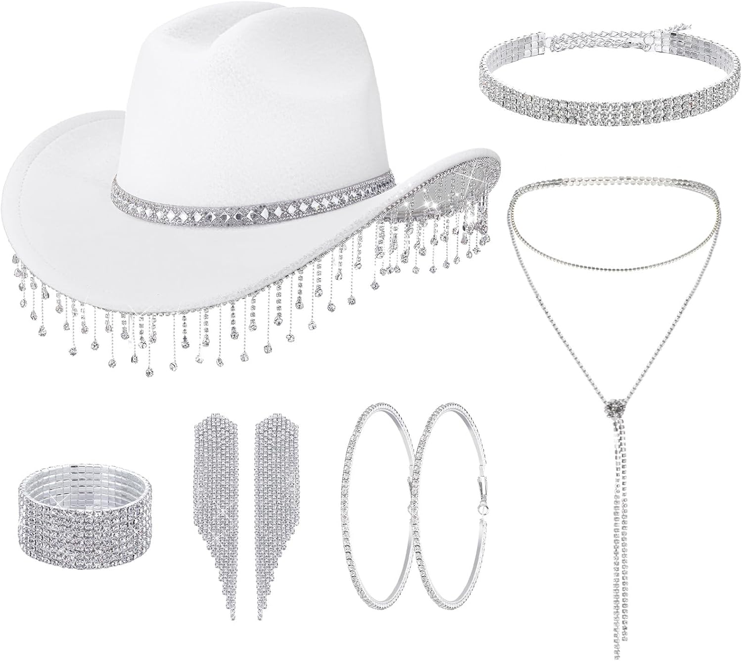 Hercicy 7 Pcs Glitter Cowgirl Hat Rhinestone Jewelry Set, Women Cowboy Costume Sparkly Western Outfit for Disco Rodeo Party