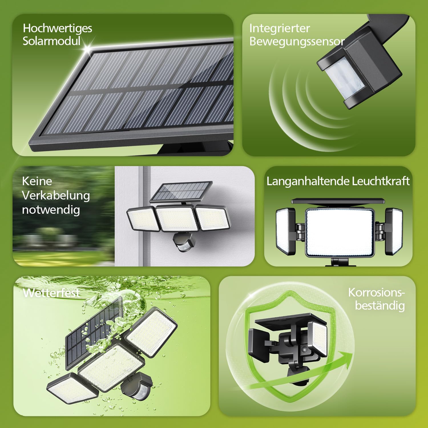 Philips Solarlampen für Außen mit Bewegungsmelder, 302 LEDs 1200 Lumen, Solarbetriebene Wasserdichte Wandfluter, 3 Köpfe, IP65 Wasserdicht, 3 Modi (2 Stück)