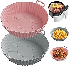 ME.FAN Air Fryer Silicone Liners for 4 to 7 QT [2 Pack] Reusable Air Fryer Basket with Handles & Holes Rose Pink + Light Grey
