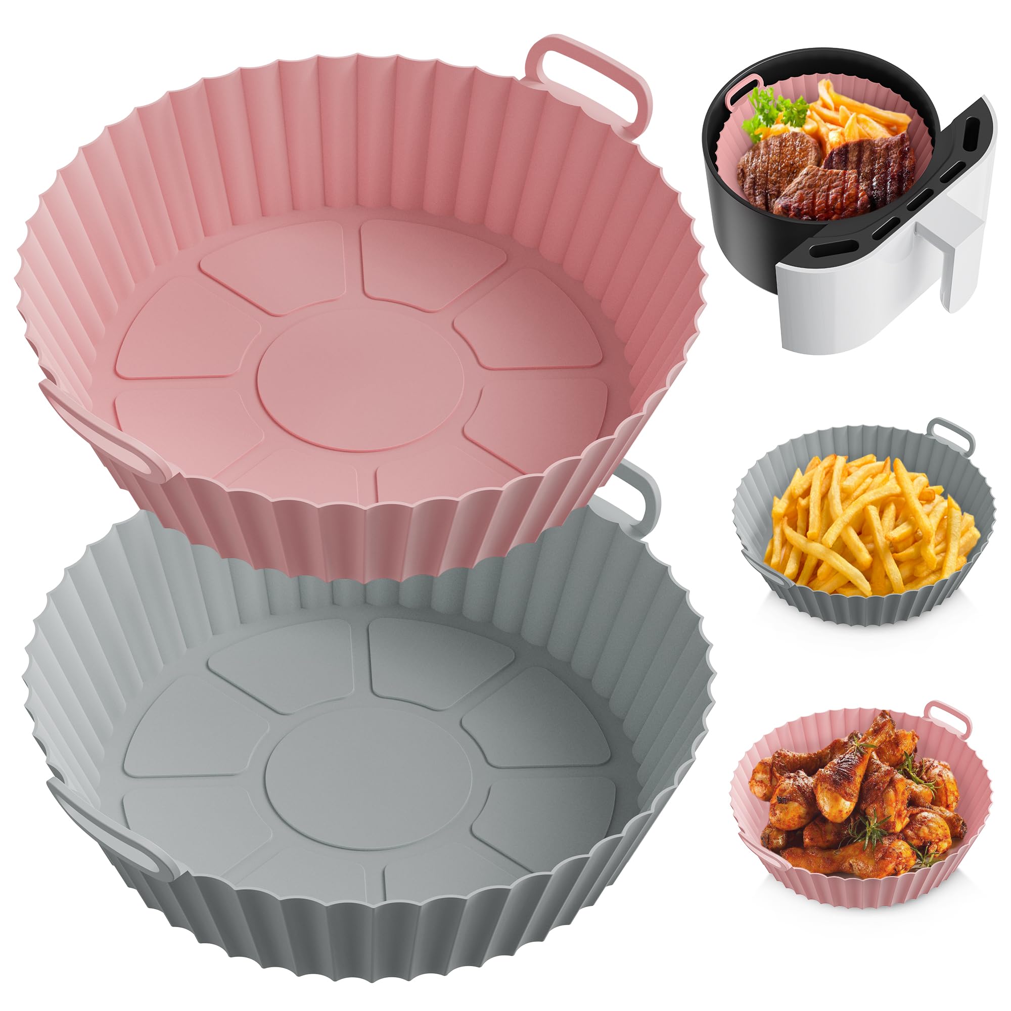 Silicone Air Fryer Liners for 4 to 7 QT [2 Pack] ME.FAN Air Fryer Silicone Liners Pot - Reusable Air Fryer Basket with Handles & Holes - Air Fryer Oven Accessories - Rose Pink+Light Grey