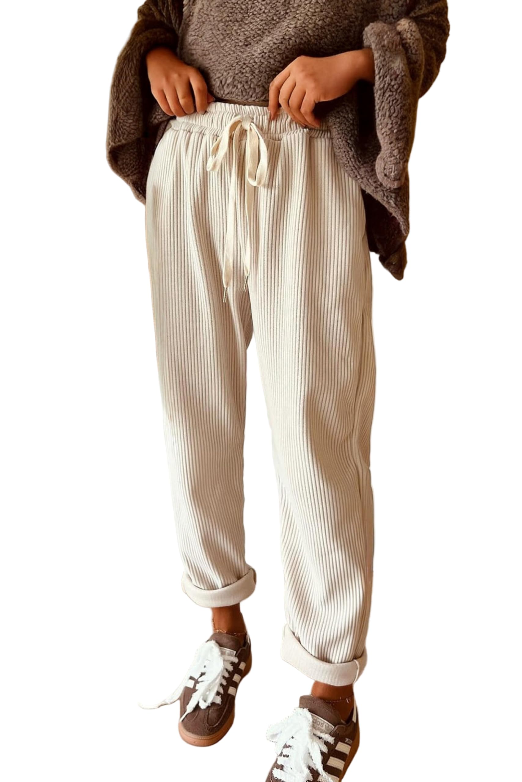 Womens Corduroy High-Waisted Lounge Pants Drawstring Casual Fall Trousers with Pockets