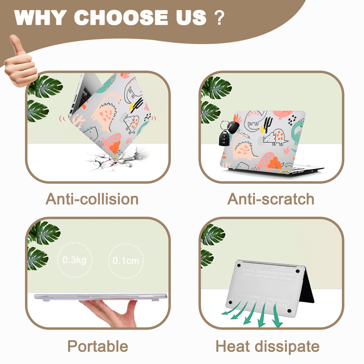 Coque Compatible avec Macbook Air 13 Pouces Retina M1,(2018 2019 2020) A1932 A2179 A2337 avec Touch ID, Étui Rigide Plastique Cover avec Mac Air 13.3 Case,Dinosaures Mignons