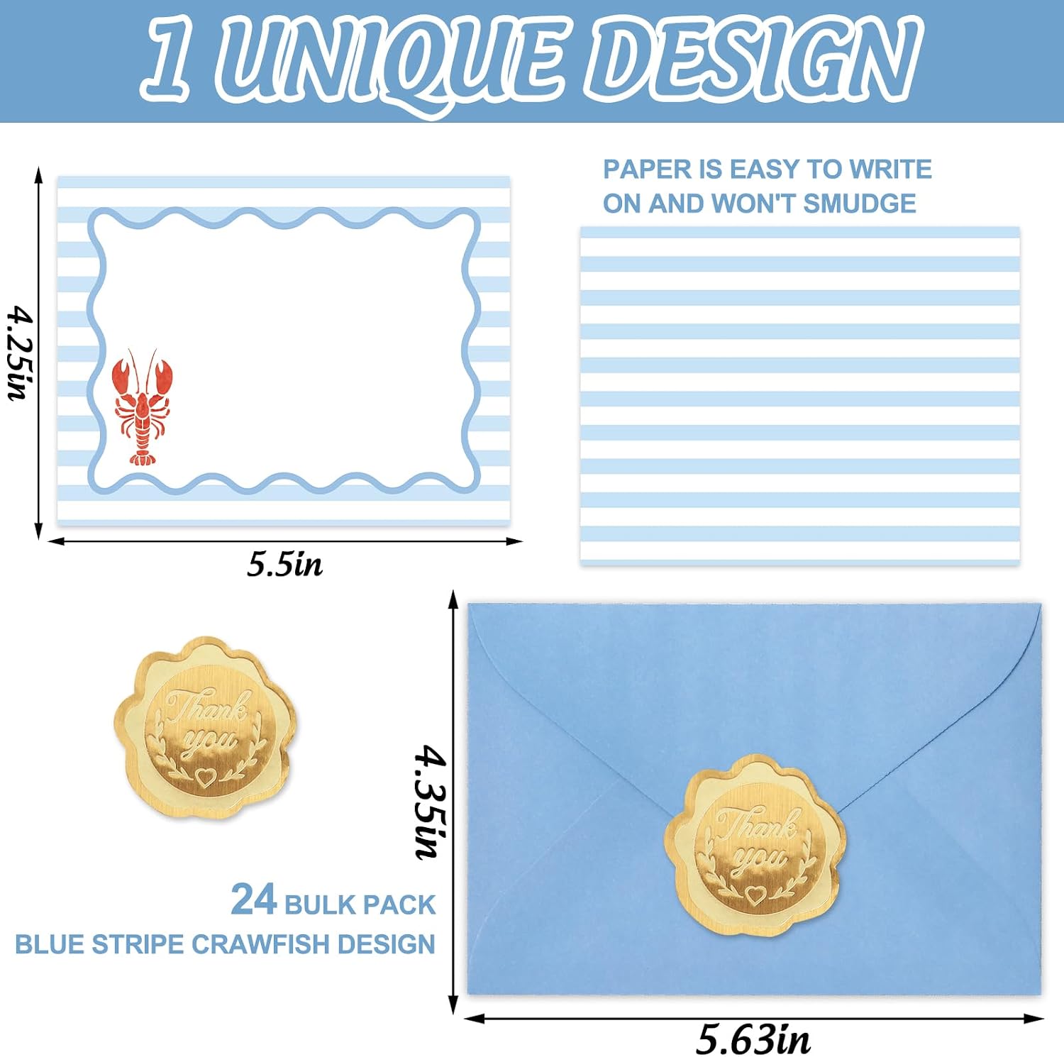 Whaline 24Pcs Lobster Flat Blank Notes with Envelopes Blue Stripe Crawfish Blank Index Cards Non Folding Double-Sided Note Cards for Summer Birthday Baby Shower, 5.5 x 4.3 Inch