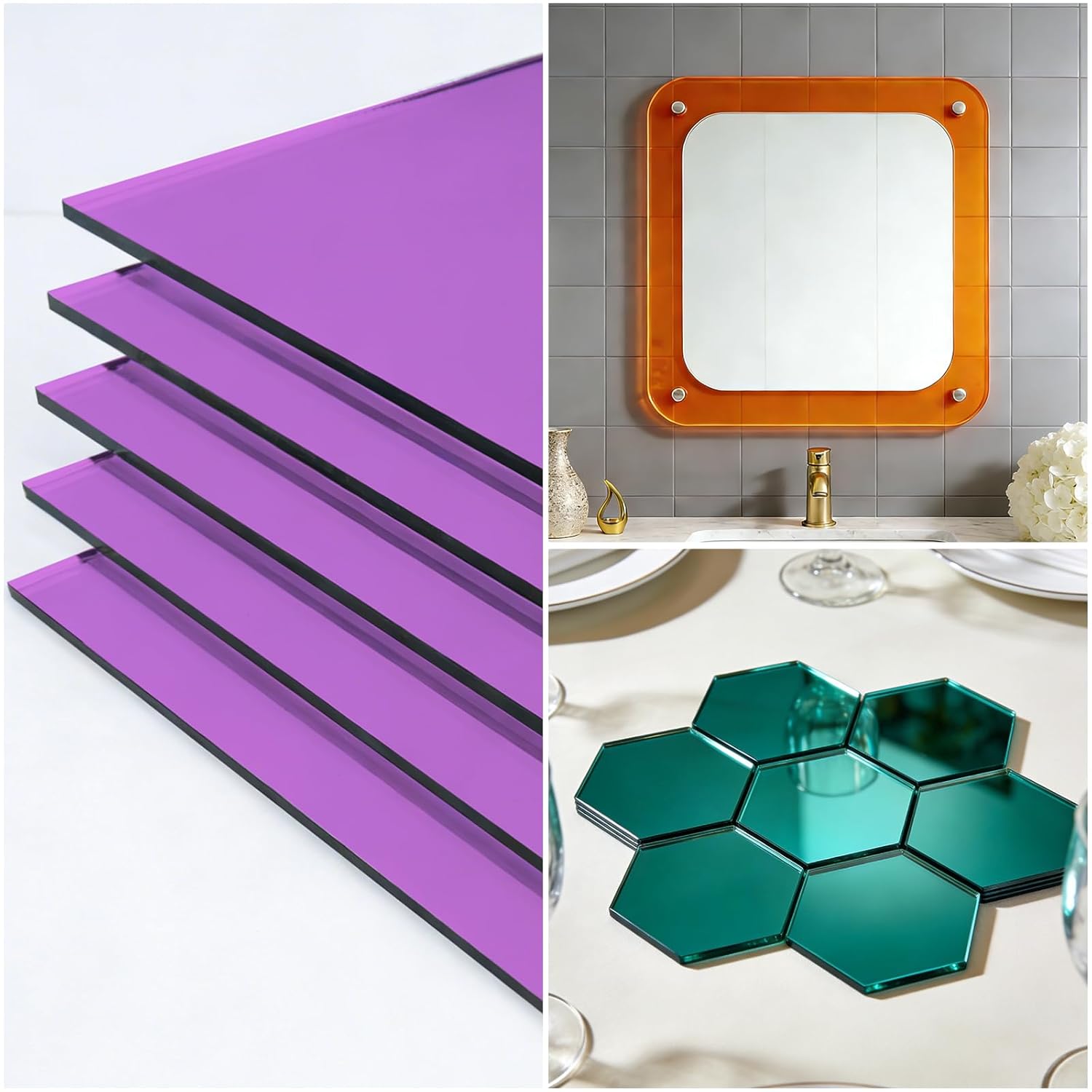 5 Pack Acrylic Mirror Sheets, 10 x 10 inch 1/8 Thick 3mm Colored Mirror Plexiglass Panels for DIY Crafts Decor, Laser Cutting & Engraving, Protective Film, Pink