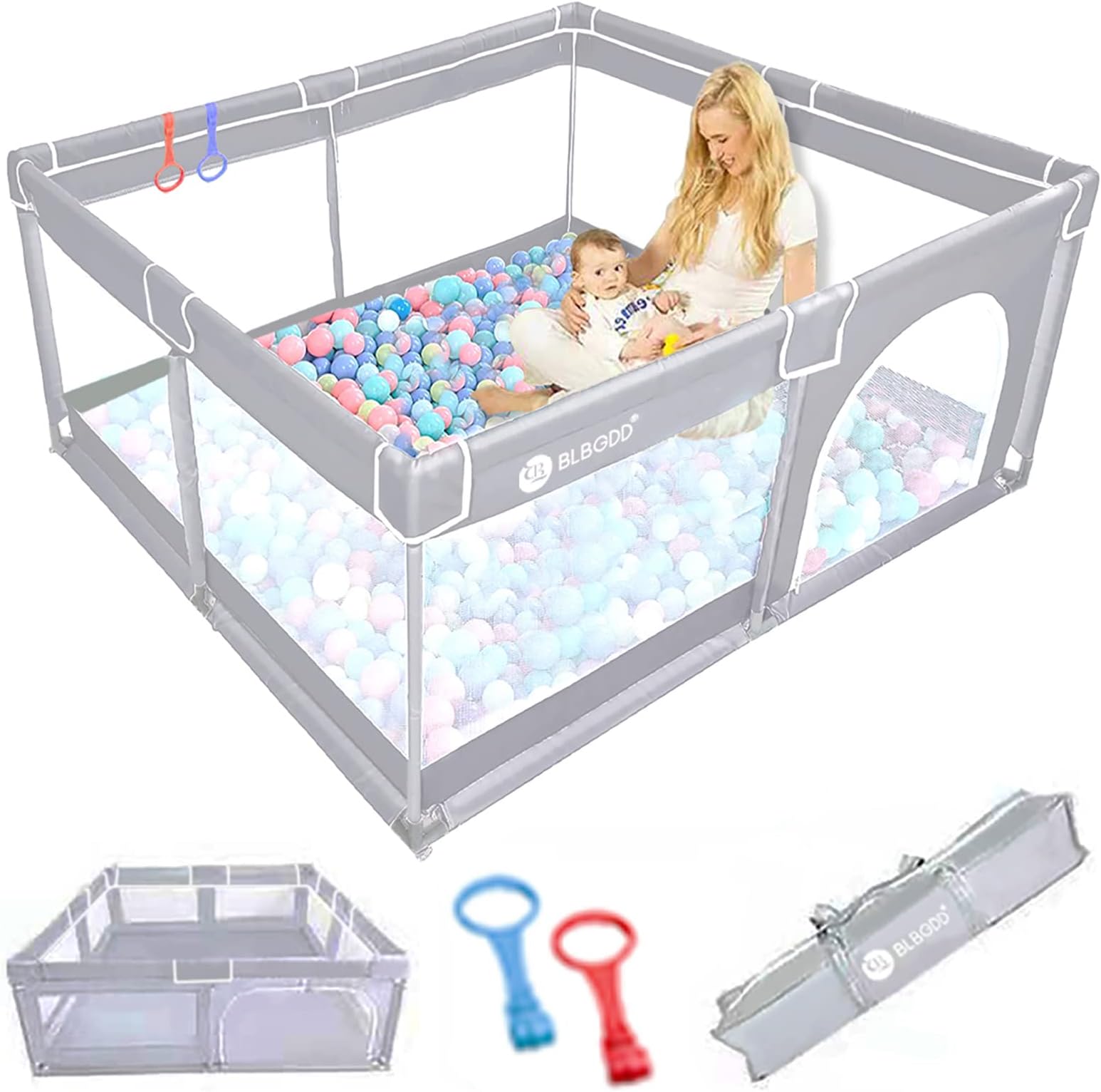 Baby Playpen,59"x 59"Playpen for Babies, Large Baby Play Yards Indoor Sturdy Safety Playpen for Toddlers,No Gaps Baby Fence Play Area，Baby Gate Playpen (Gray)