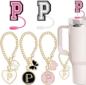 Stanley Cup Straw Cover & Initial Charms – Butterfly Style Silicone Topper For 30 & 40 Oz Tumblers, 10mm Diameter, Includes 2 Letter Charms (J)