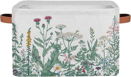 Contenedores de almacenamiento plegables grandes de hierbas y flores silvestres, coloridas cajas de almacenamiento de tela de lona decorativas
