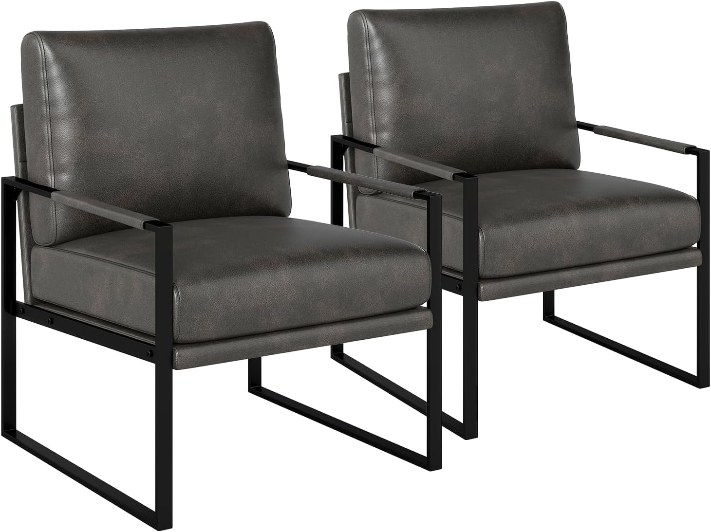 Mid Century Modern Faux Leather Accent Chair Set of 2, Metal Framed Armchair with Extra Soft Removable Seat Cushion & Backrest for Living Room Bedroom Waiting Room, Easy to Clean (2, Dark Grey)