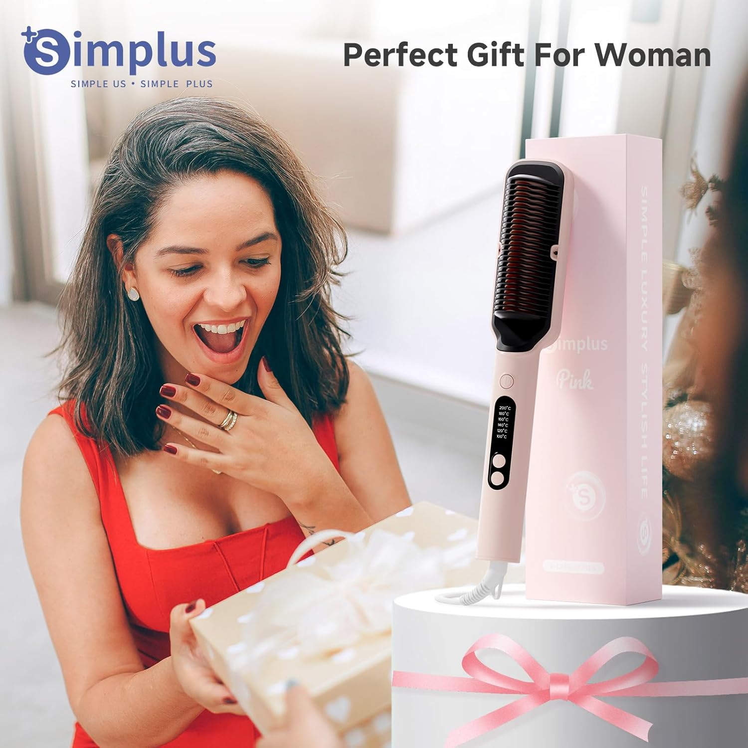 SIMPLUS Heated Hair Brush Straightener, Flat Iron with Built-in Comb, 10s Fast Heating Ionic Hair Straightener for Women Christmas Gifts with 6 Temp Settings (212℉-392℉), Anti-Scald & Auto-Off, Pink - Image 7