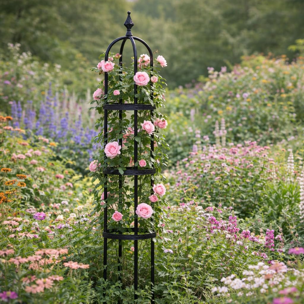Evergren Garden Metal Obelisk Trellis for Climbing Plants | Indoor/Outdoor Floral Pattern Arch Trellis for Potted Plants (5 ft Black)