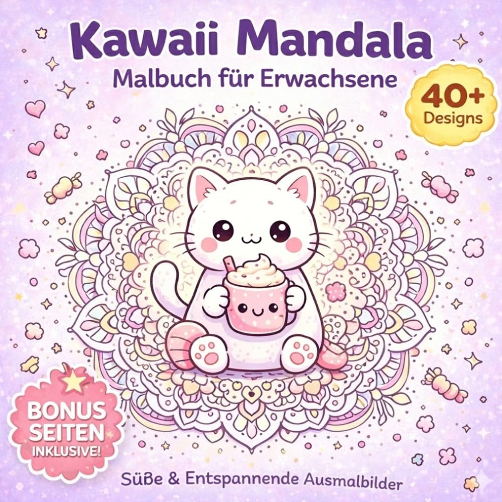 Kawaii Mandala Malbuch für Erwachsene: Süße & einfache Ausmalbilder zur Entspannung – Bold & Easy Designs mit Bonus Seiten