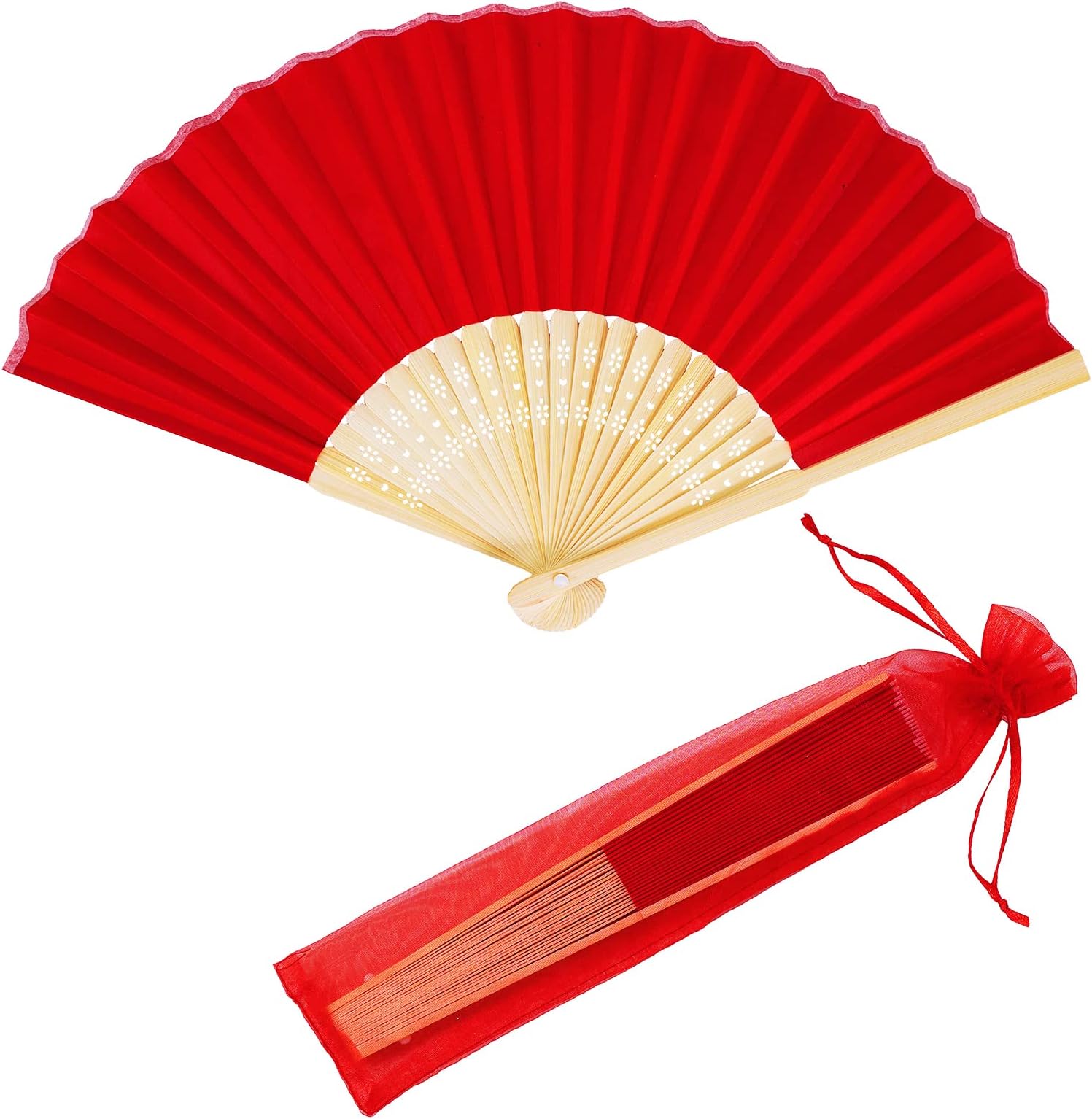 Winlyn 12 Sets Red Silk Hand Fans Chinese Handheld Silk Fans Bamboo Folding Fans Oriental Hand Fans with Bags for Asian Chinese Lunar New Year Party Favors Gift Dance Wedding Festival Holiday Decor