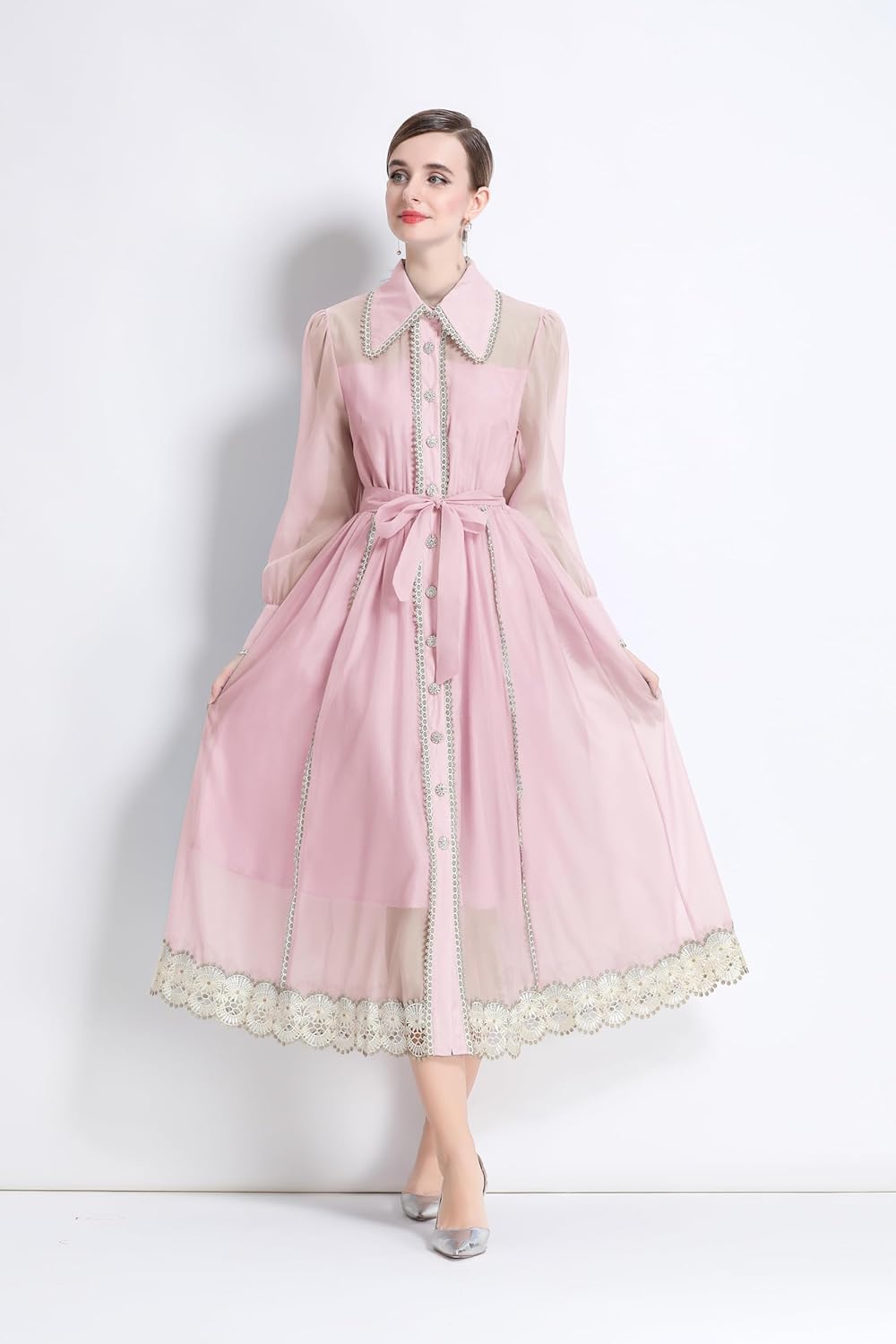 LAI MENG FIVE CATS Women's Summer Organza Lantern Sleeve Lapel Neck Button Lace Elegant Midi Dress