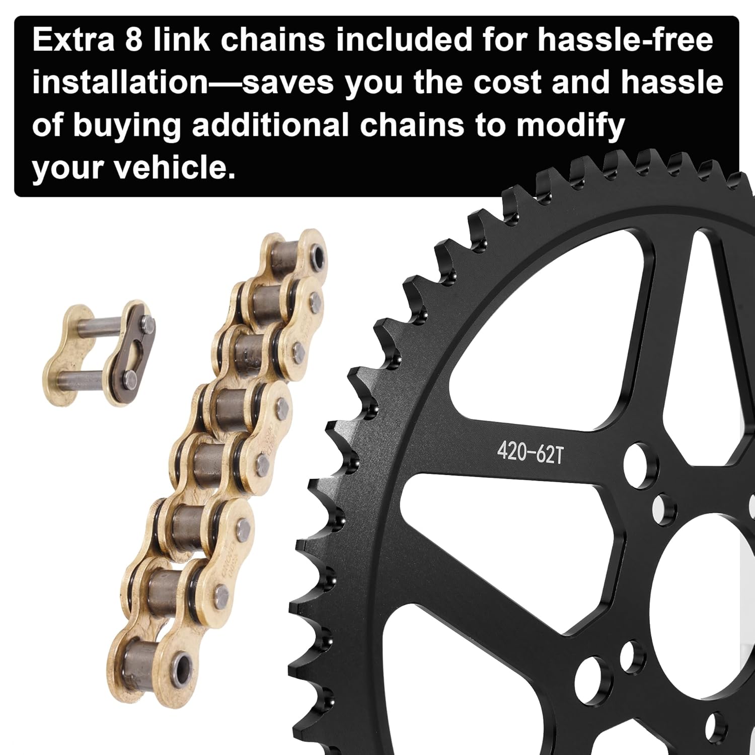 62 Tooth Sprocket with Chains Links for Surron, CNC 62T Chain Sprocket 7075 Aluminum Compatible with Segway X160 X260 Sur Ron Light Bee X - Black