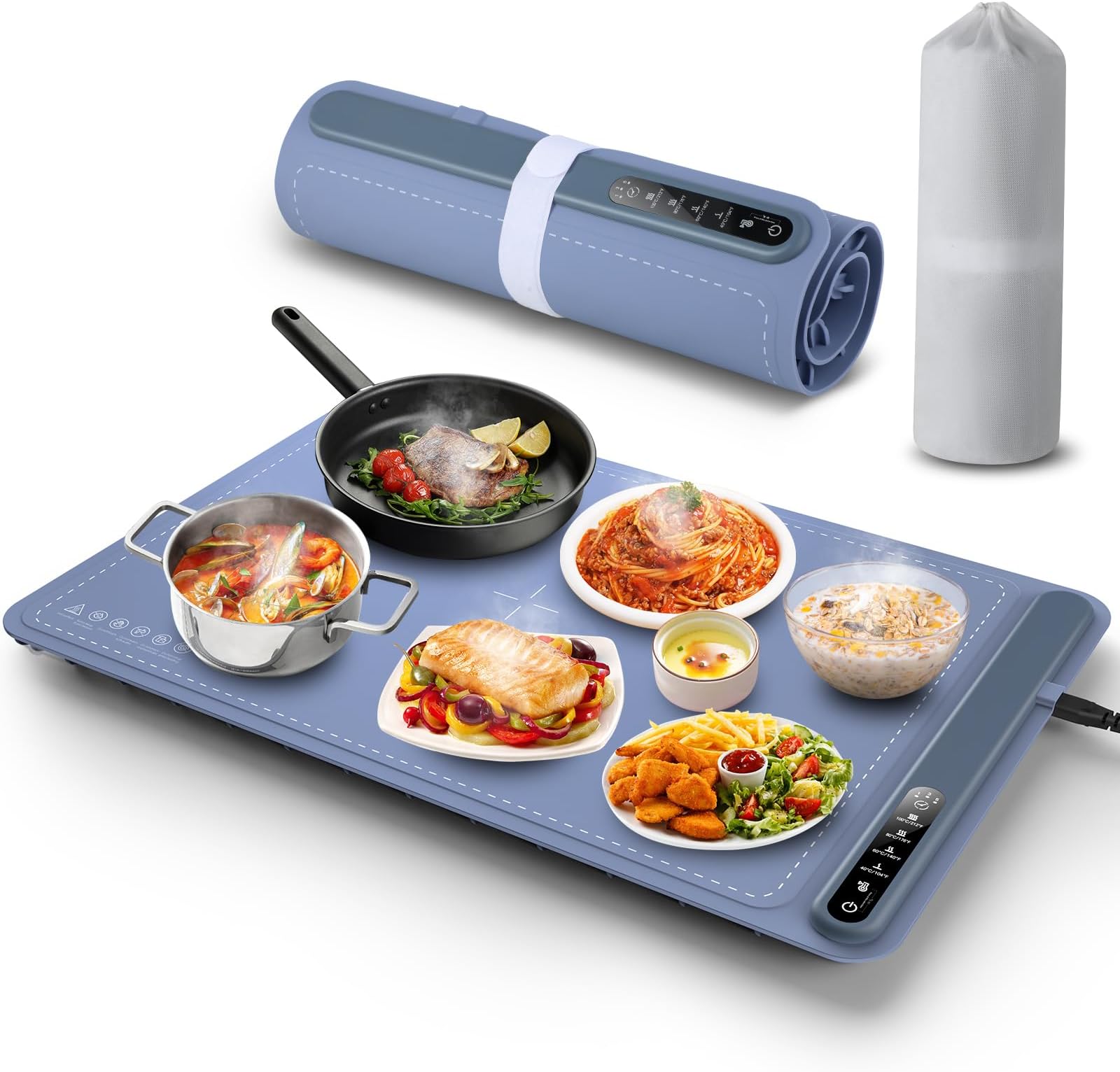 Food Warming Mat Electric Warming Tray Silicone with Full Surface Heating 4 Temperature Timming Settings and Child-Lock, Portable Food Warmers for Parties Buffet Gatherings Countertop