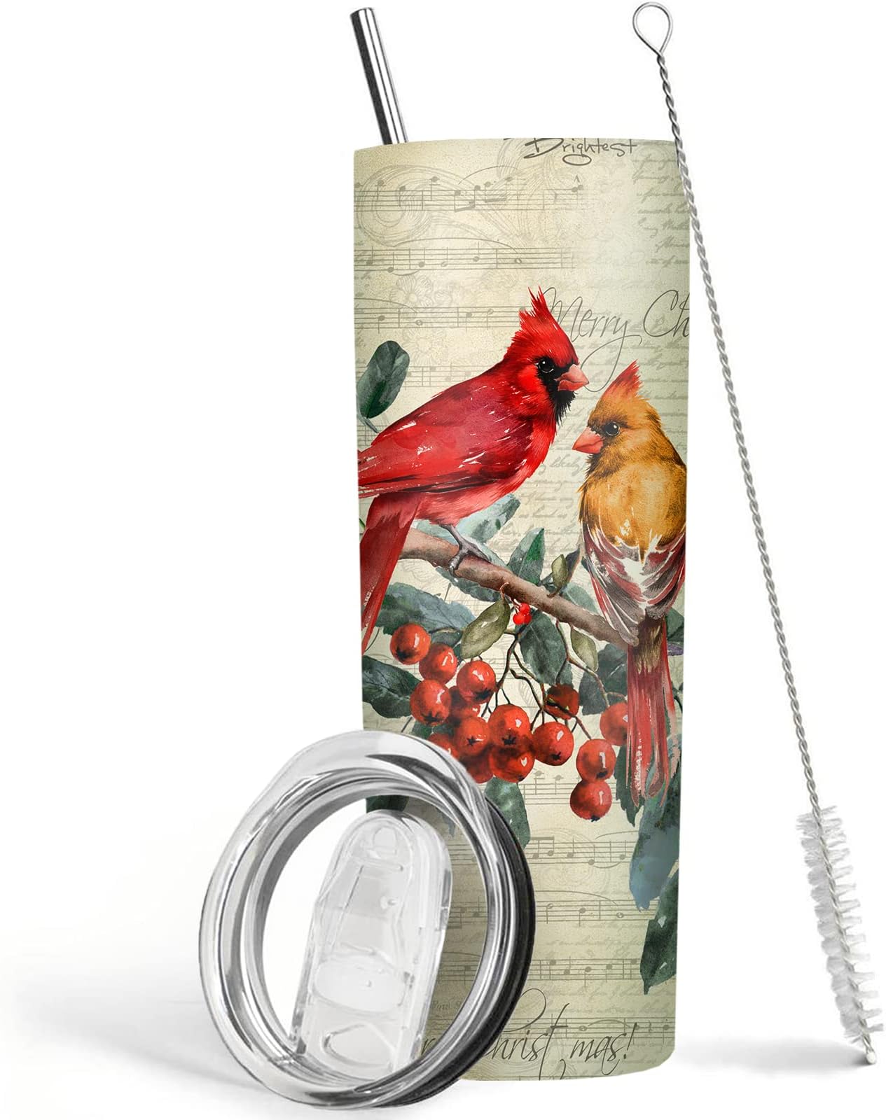 MosdeimChristmas Cardinal Tumbler 20 oz Travel Holiday Coffee Mug Skinny Tumblers with Lid and Straw Stainless Steel Insulated Coffee Cups Cardinal Lover Gifts for Women Girls