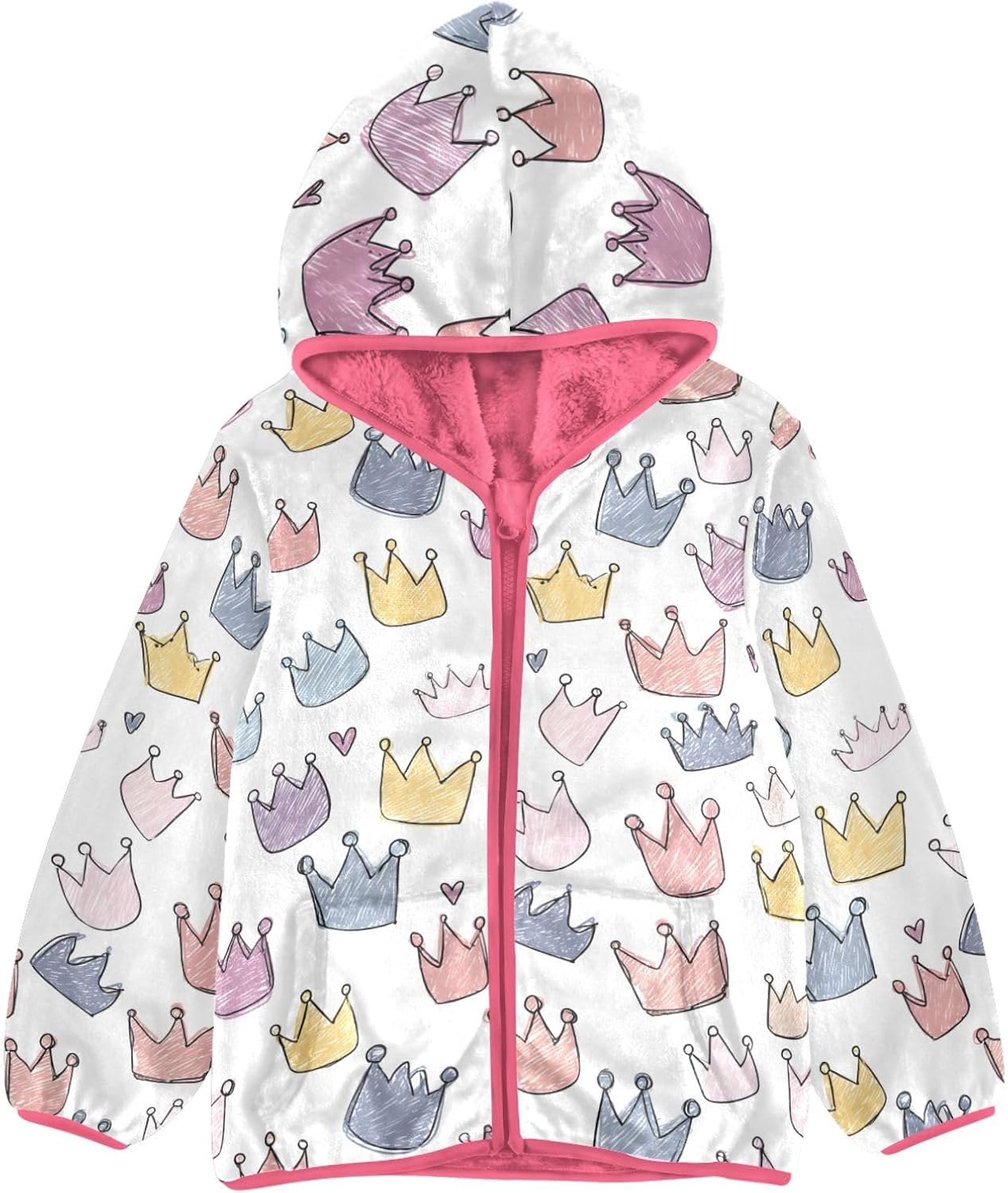 Girls Hoodie Outfit Crown Heart Pattern Zipper Sweatshirt Coat Fleece Jacket for Kids 3-10T