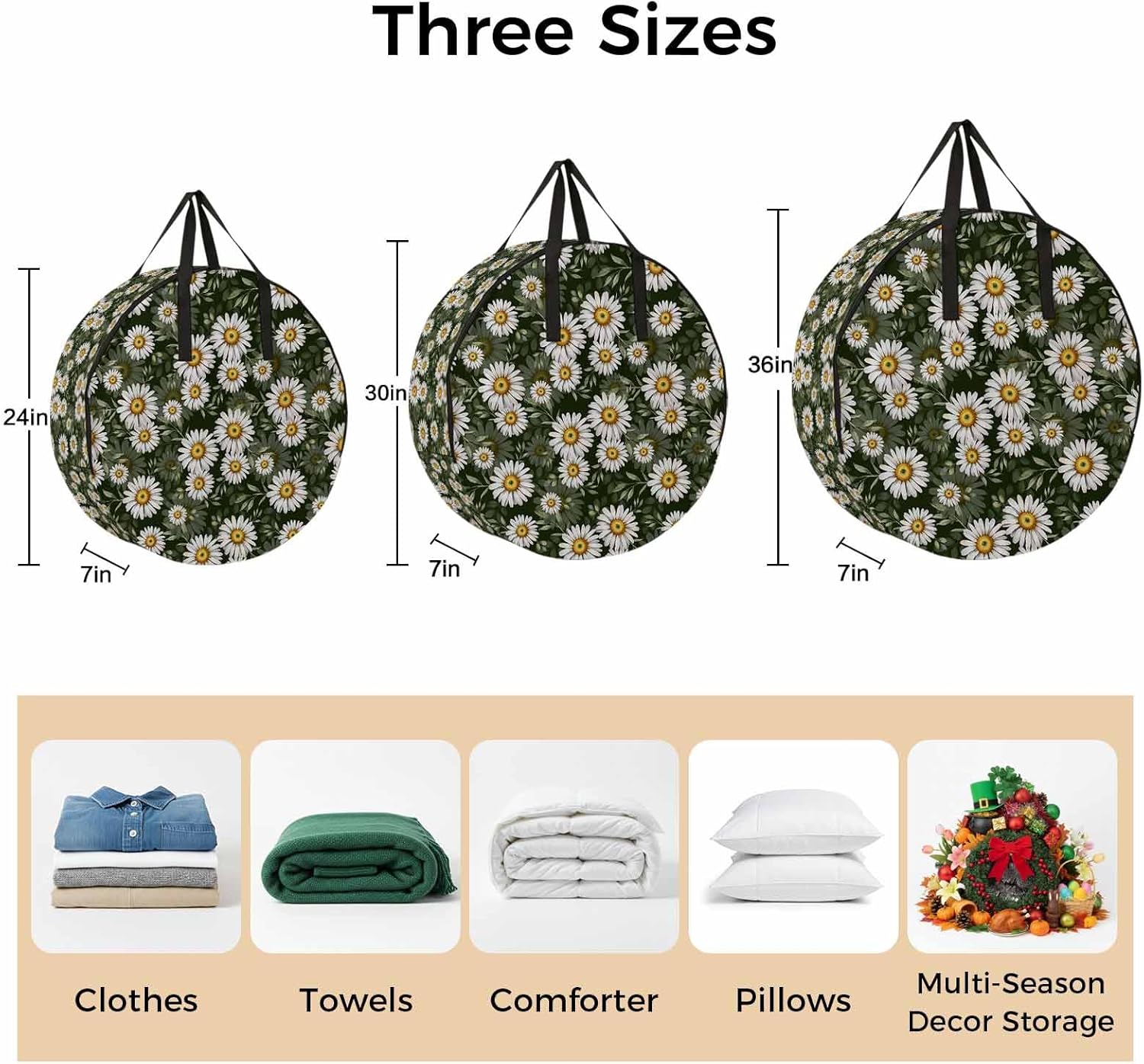 Storage Bag Daisy Flower Round Storage Totes Bins Closet Organizers with Zippers & Handle Green Leaves Plant Clothes Storage Container for Bedroom Dorm Space Saving Packing Supplies Moving Bags