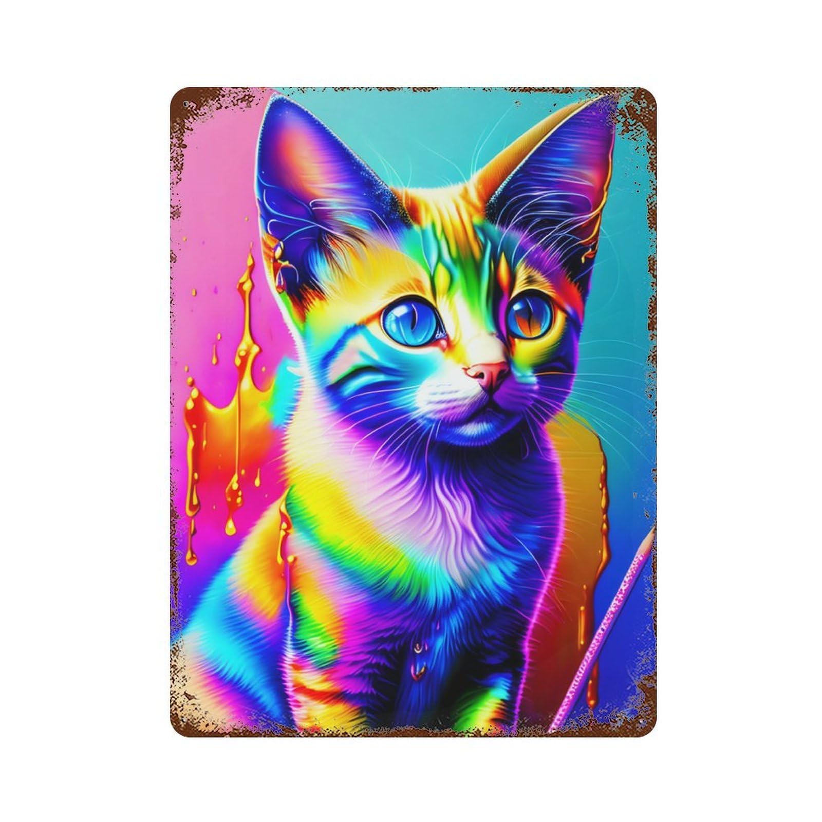 Rainbow Cat Art Print 15.7"x11.8" Distressed Metal Wall Sign, Shabby Chic Decor for Shed, Workshop And Garage Wall Decor