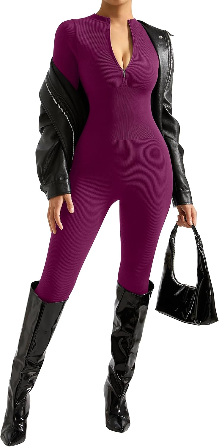 SUUKSESS Women Long Sleeve Ribbed Jumpsuit Zip up Front Workout Bodycon Romper - Image 3