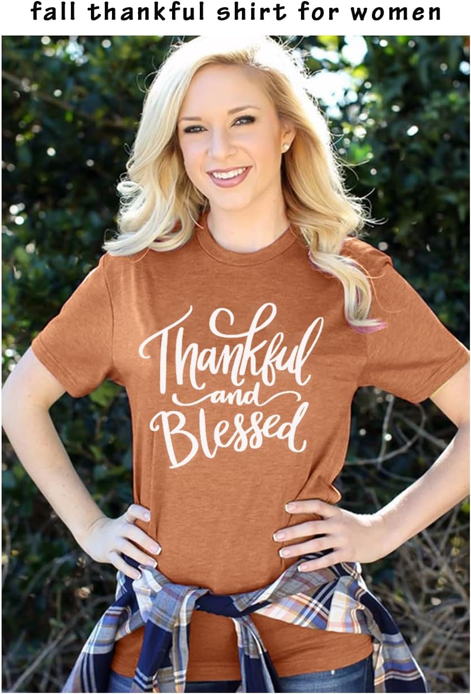 Thanksgiving Shirts for Women Thankful and Blessed Tshirt Fall Graphic Tees Casual Short Sleeve Tops - Image 5