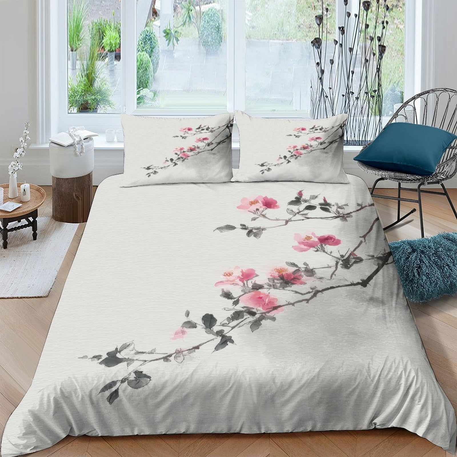Ctjqhvkz Style-4 3D Printed Chinese Ink Plum Blossom Fitted Sheet Microfiber Soft Floral Bed Cover For Bedroom Dorm Mattress Decor Single（135X200cm）