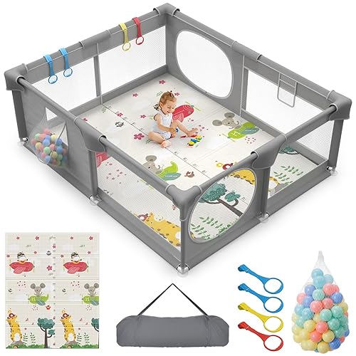 Inaya Corralito para bebés con alfombra, 71 x 59 pulgadas, patio de juegos extra grande para bebés y niños pequeños, valla de juego de seguridad,