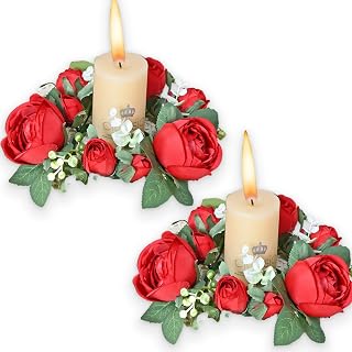 Valentine's Day Candle Rings Wreaths Red Rose Candle Rings Garland Artificial Flowers Wedding Table Centerpiece Decoration for Party Supplies Home Table Valentine Decoration 2 Pcs