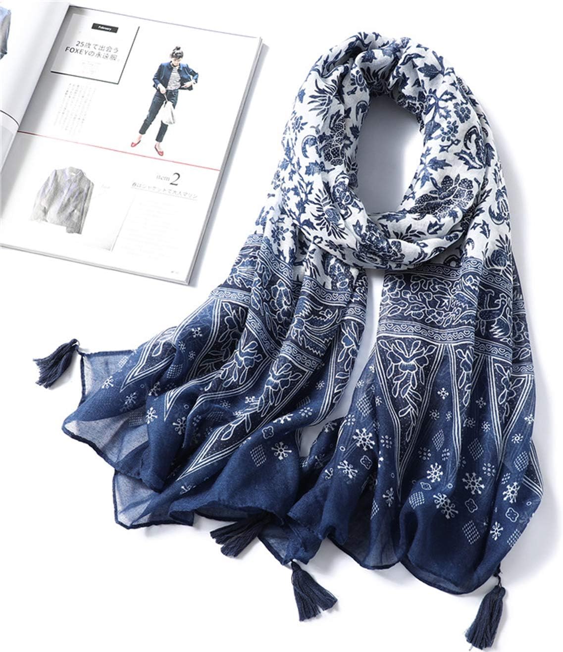 GUZOSJO Women's Boho Cotton Hemp Lightweight Floral Printed Scarf Long Shawl Wrap Scarf Head Shawl for Fall Spring