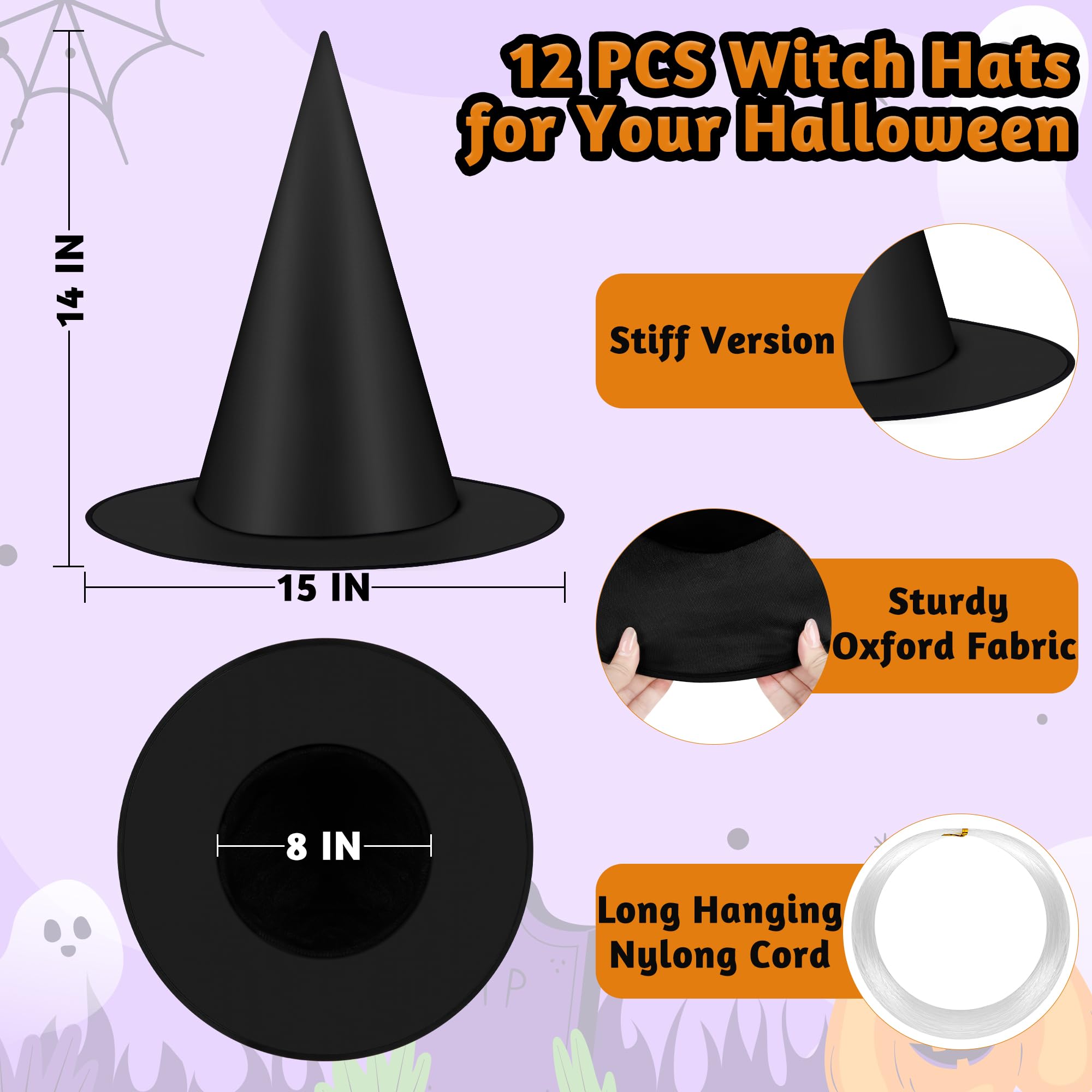 Luces 12 PCS Witch Hats, Thickened Hanging Witches Hat Halloween Decor, Black Wizard Hat with 164 FT Rope Witches Hats to Hang from Ceiling, Halloween Decorations Witch Costume Accessory