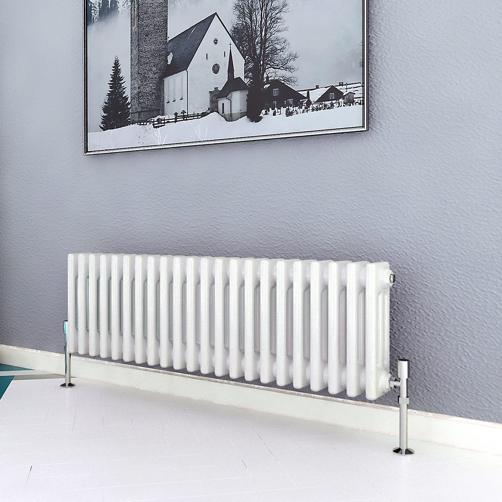 Acezanble∣3 Column Radiator, Horizontal 300mm White Wide Low Cast Iron Style Radiator Centre Heating for Window Hallway