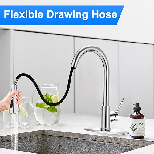 Miniatura 6 de Grifo de cocina extraíble de cromo pulido de arco alto de una sola manija, grifo de fregadero de acero inoxidable para lavandería de RV moderno