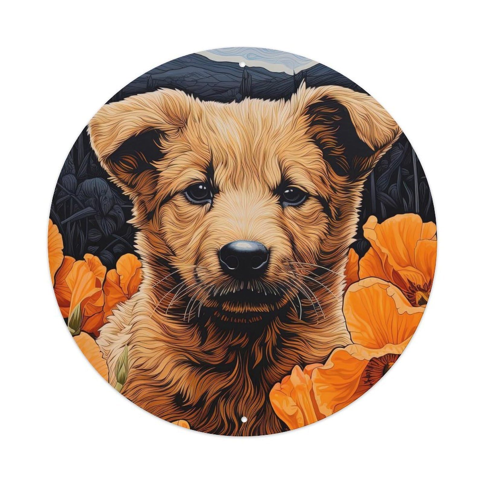 Animal Art Golden Retriever Puppy Vintage Metal Tin Sign Plaque Wall Decor for Cafe, Club, Garden Round Metal Poster 8x8Inch
