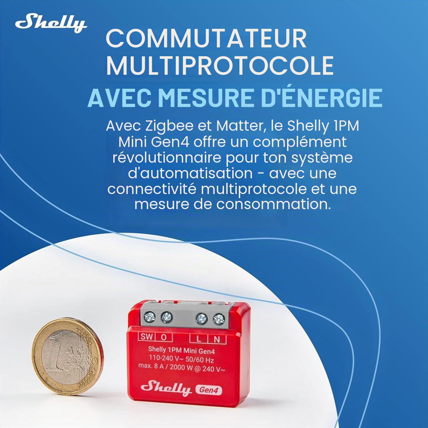 Shelly 1PM Mini Gen4, Commutateur relais intelligent géré par Wi-Fi, 1 canal, 8A, mesure de puissance, domotique, aucun hub requis, Alexa, Apple HomeKit et Google Home, Zigbee et Matter (4 pièces)