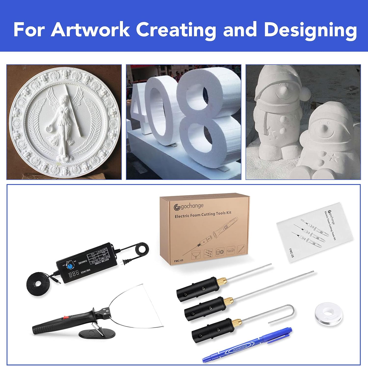 4 in 1 foam cutter set with digital voltage controller, gochange electric cutting machine pen tools kit, 100-240v /18w styrofoam cutting pen with electronic voltage transformer adaptor fmc-05