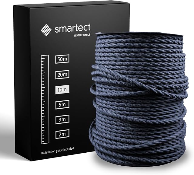smartect Antracyt Kabel Skręcony Tekstylny, 10 Metrów Kabel w Oplocie Elektryczny, 3 Żyłowy (3 x 0,75 mm²) Elektryczny Kabel w Oplocie Tekstylnym do Własnych Projektów DIY