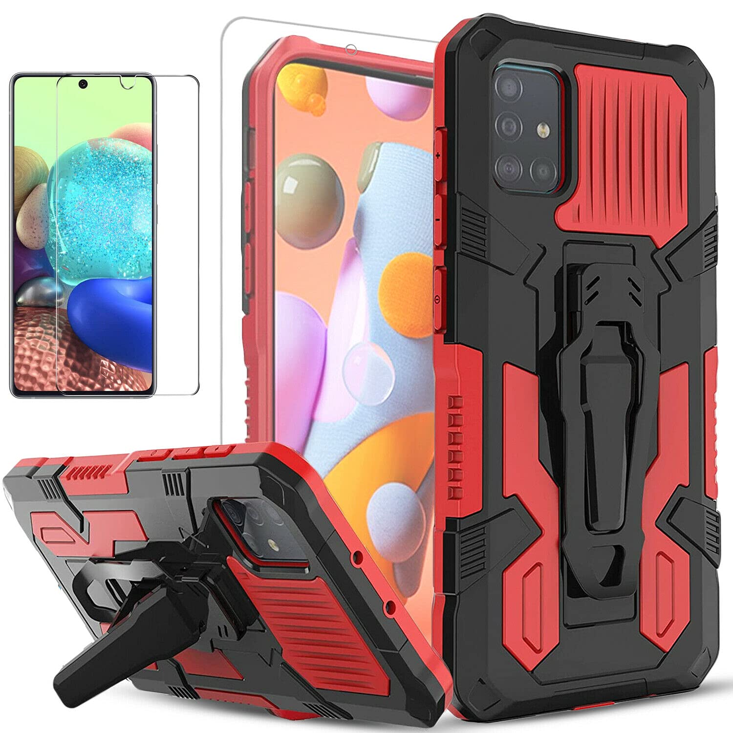 Samsung A51 Case, Galaxy A51 Case, with [Tempered Glass Screen Protector Included], Circlemalls Military Grade 6 Feet Shockproof Armor Heavy Duty Kickstand Cover with Belt Clip - Red