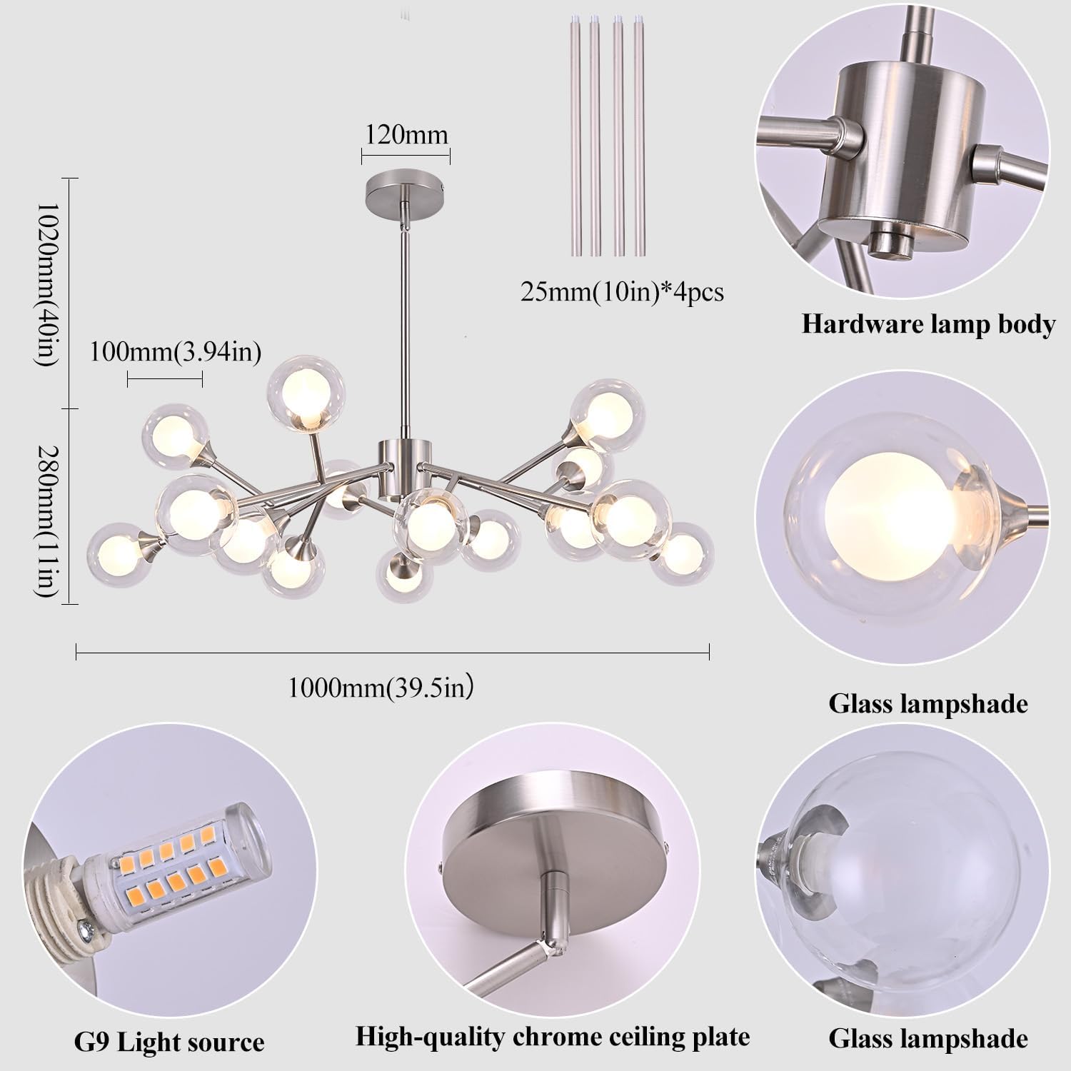 15 Lights Chandeliers Sputnik Modern Brushed Nickel Chandeliers with Bubble Glass Ball Branches Pendant Light Ceiling Light Fixtures for Dining Living Room Bedroom
