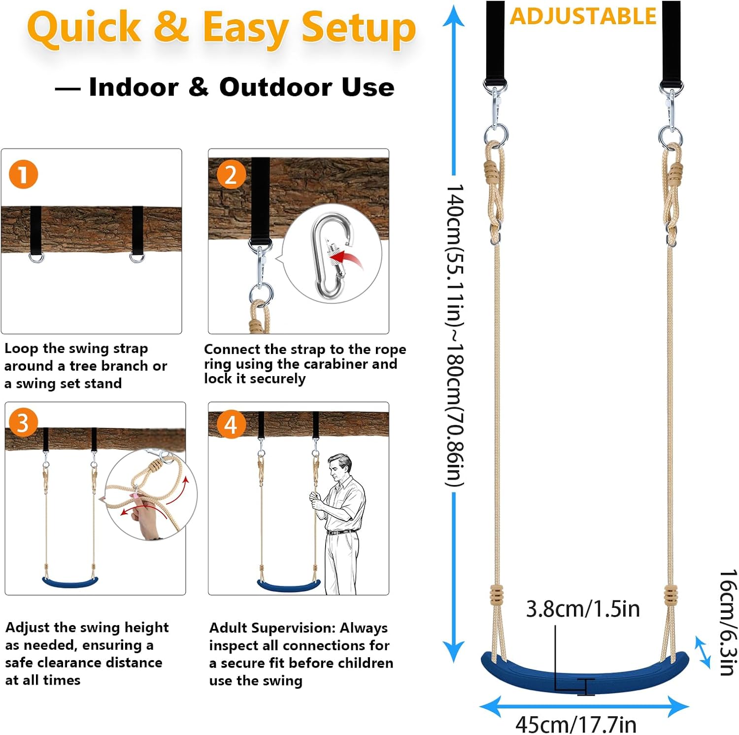 Kids Tree Swings for Trees, Heavy Duty Ergonomic Contoured Swing Seat for Kids Indoor & Outdoor Backyard, 264 lbs Capacity, Blue