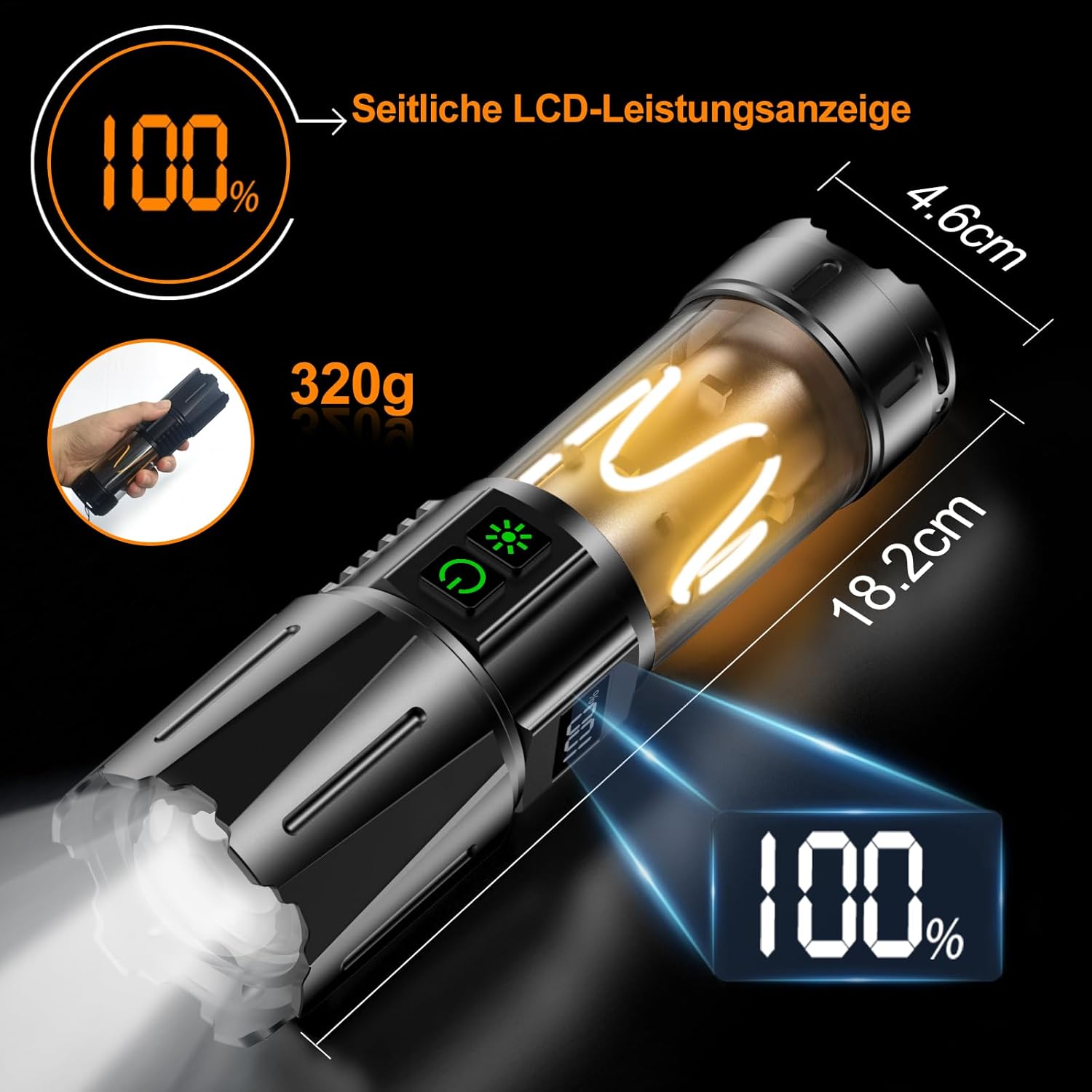 Relybo SHC228 LED Flashlight with LCD power display and dimensions